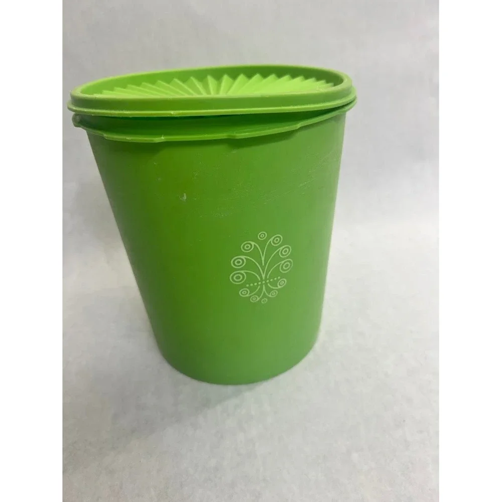 Vintage Tupperware Servalier Canister Lime Green Sunburst Lid Floral Graphic